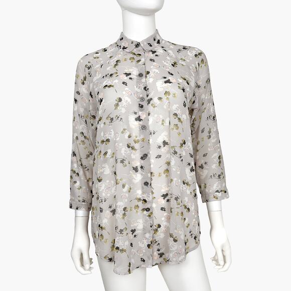 CAbi Tops - CABI Matinee Sheer Chiffon 3/4 Sleeve Button-Up Floral Blouse (Gray | Size XS)